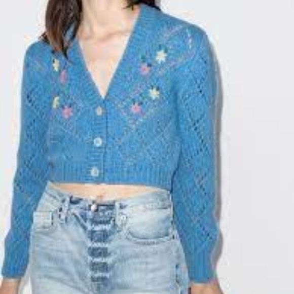 ALESSANDRA RICH Blue Embroidered Pointelle Cropped Cardigan IT 38 - Picture 4 of 8